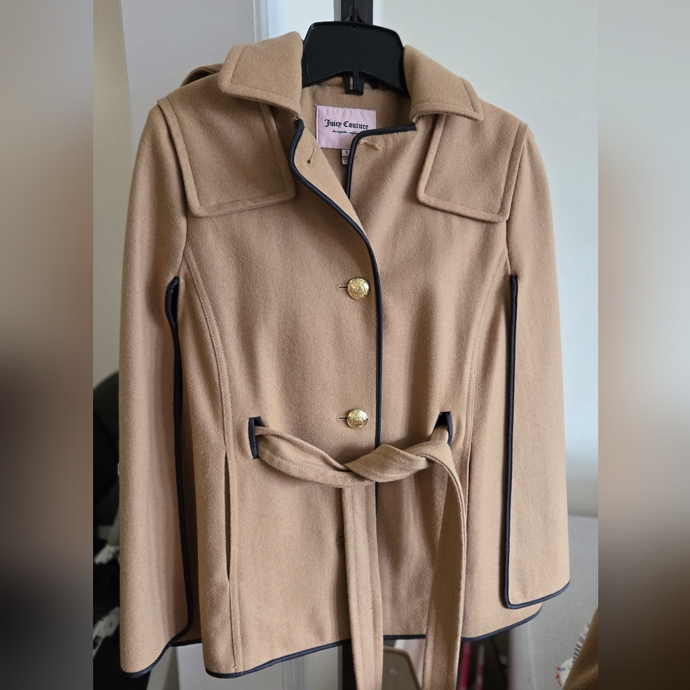 Juicy Couture Tan and Black Trench Coat with Belted Waist and hat